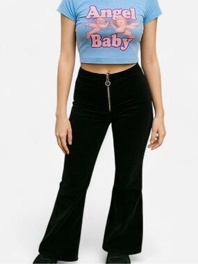 Forever 21 Black Boot Cut Velvet Pants with Front Ring Zip flare 70s 80s short